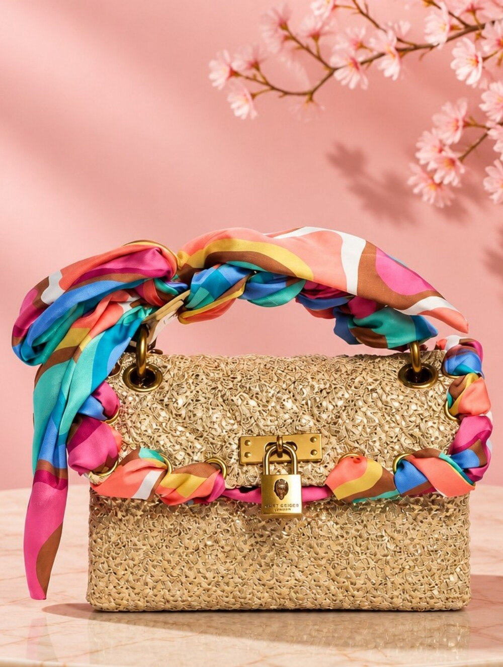 Kurt Geiger Gold Glitter Mini Box Bag with Multicolor Scarf Wrap